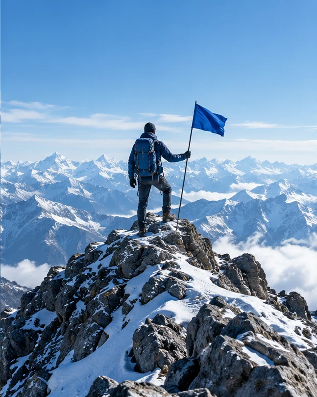 Mountaineer on a summit carrying a blue flag