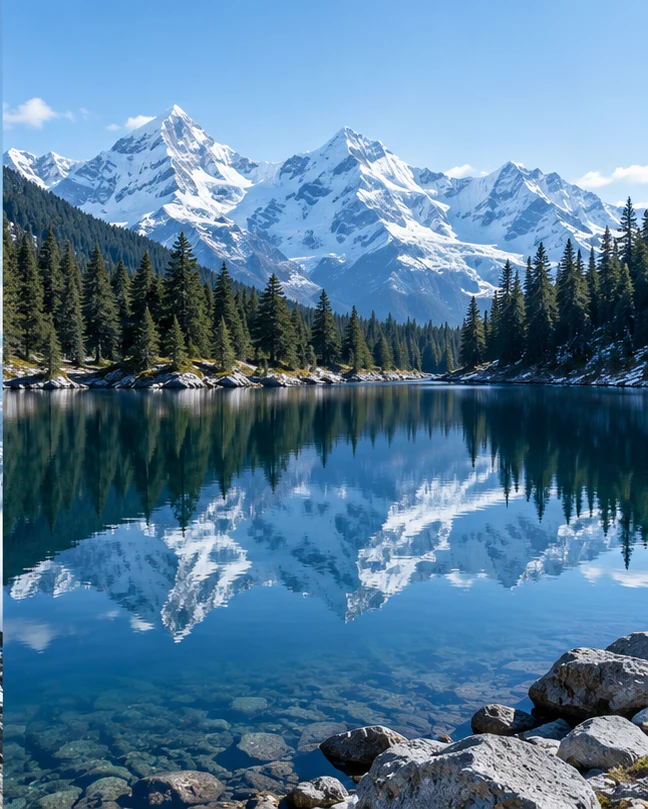 Alpine lake beneath snow-covered mountains