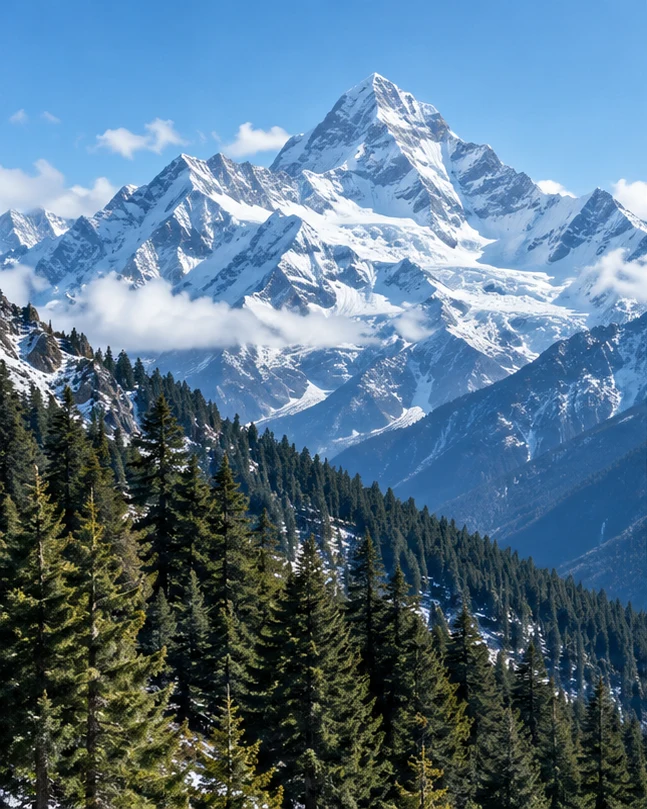 Snowy peaks above a pine forest