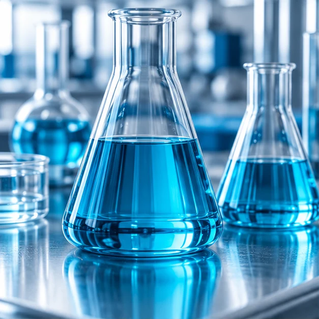 Blue specialty chemical solutions in laboratory glassware